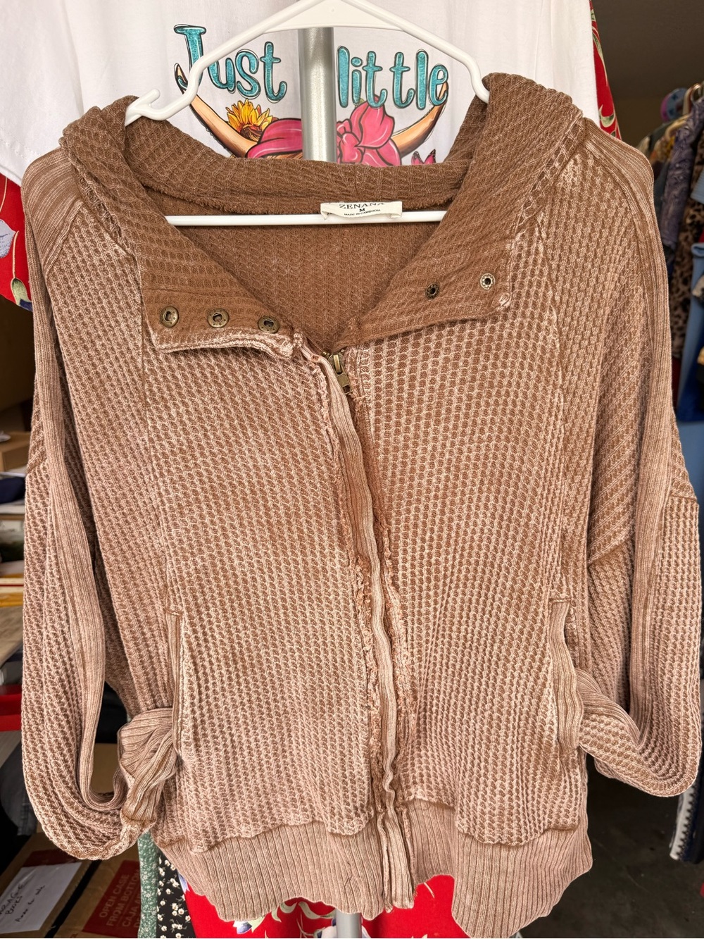 Zenana waffle knit washed mocha-brown zip hoodie